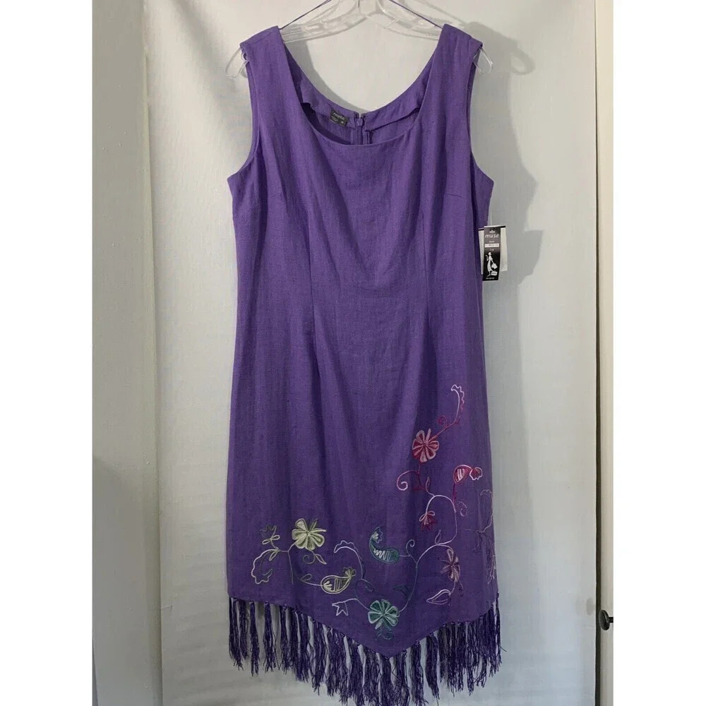 Muse Purple Fringe Bottom Sleeveless‎ Embroidered 100% Linen Dress Size 14, NWT